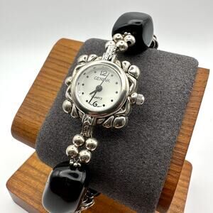 Geneva Quartz Bracelet Watch Silver Tone with Black Stone Toggle Clasp